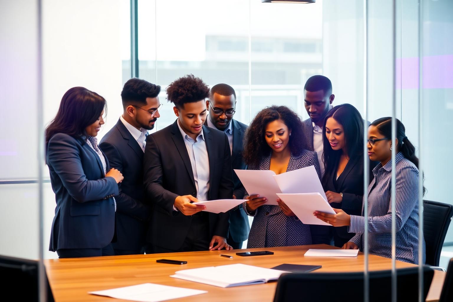 Equipo corporativo revisando soluciones de seguros para empresas